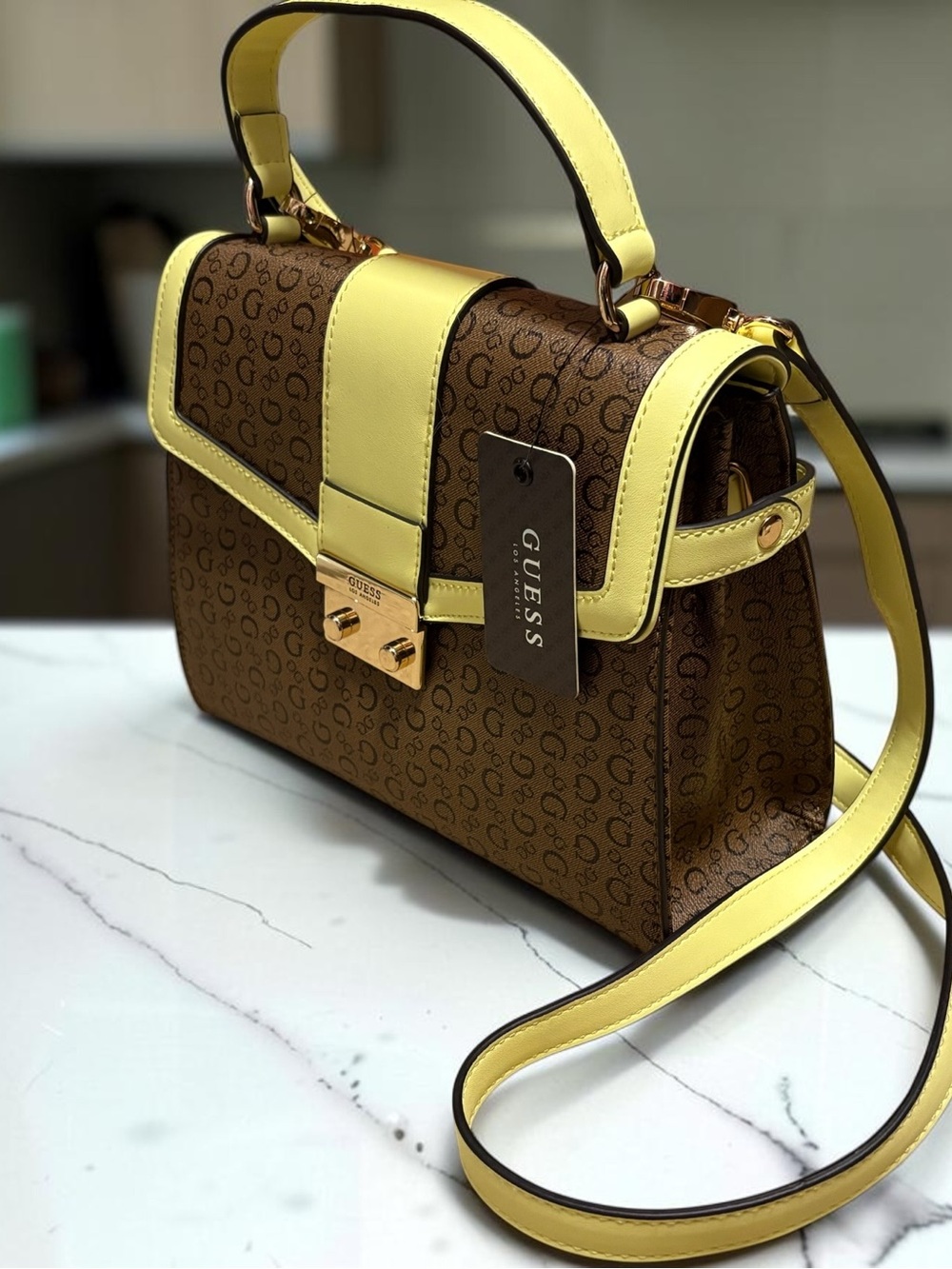 NWT GUESS Kimball Cocoa Multi Monogram Shoulder Crossbody Bag with Yellow Trim